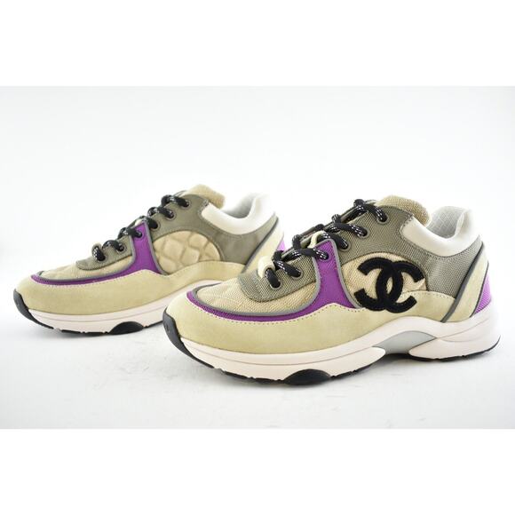 Chanel 21B Beige Purple Black White CC Logo Tie Flat Runner Trainer Sneaker 40.5 - Picture 9 of 11